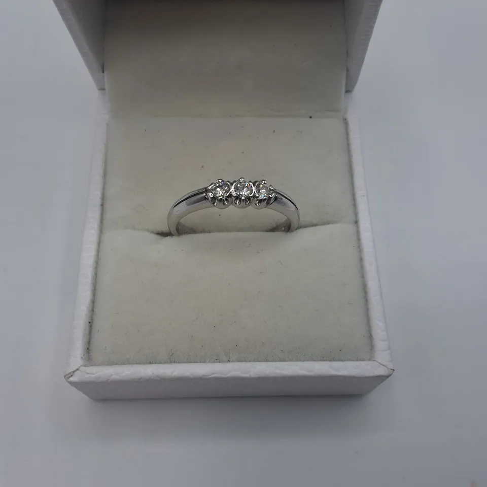 18CT WHITE GOLD THREE STONE RING SET WITH NATURAL DIAMONDS