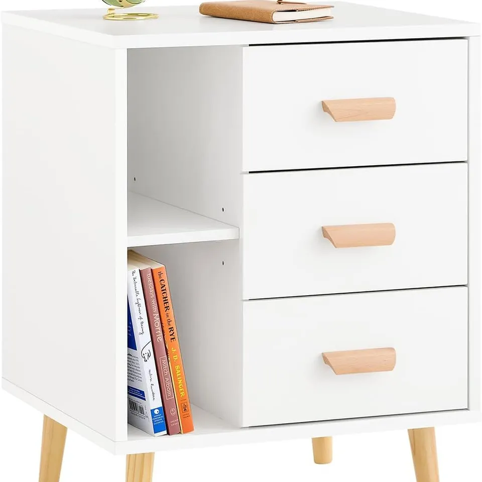 BOXED SOBUY BEDSIDE TABLE, BEDSIDE CABINET NIGHTSTAND WITH 3 DRAWERS & 2 SHELVES - WHITE (1 BOX)