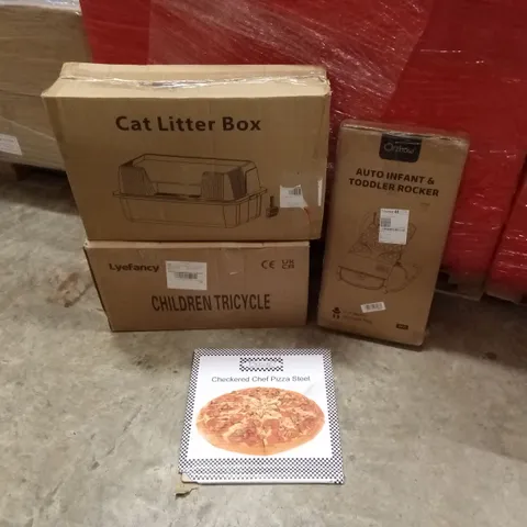 PALLET OF ASSORTED HOUSEHOLD GOODS AND PRODUCTS TO INCLUDE; CHILDREN'S TRICYCLE, CAT LITTER BOX, INFANT ROCKER ETC