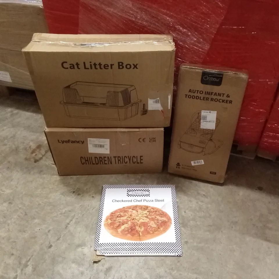PALLET OF ASSORTED HOUSEHOLD GOODS AND PRODUCTS TO INCLUDE; CHILDREN'S TRICYCLE, CAT LITTER BOX, INFANT ROCKER ETC