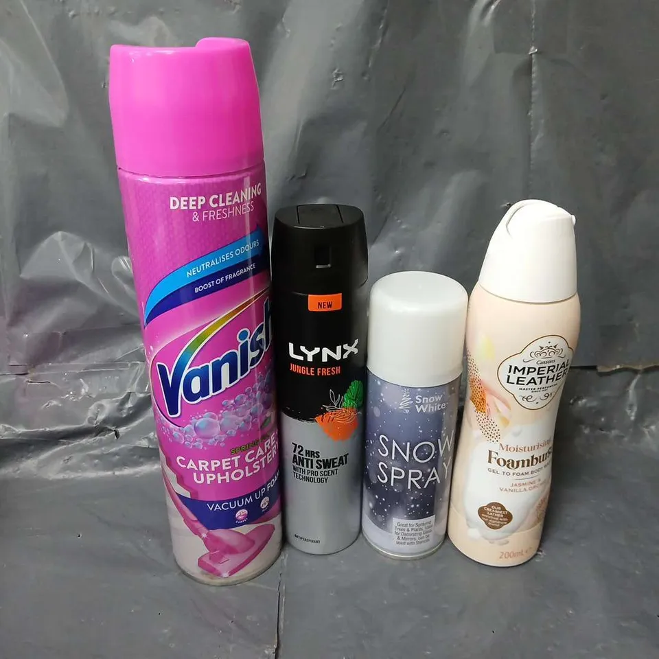 APPROXIMATELY 15 ASSORTED AEROSOLS TO INCLUDE VANISH VACUUM FOAM, SNOW SPRAY, IMPERIAL LEATHER FOAMBURST, ETC - COLLECTION ONLY