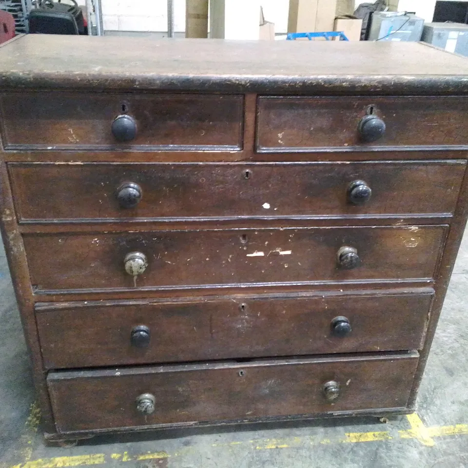 ANTIQUE TWO OVER FOUR DARK WOOD CHEST OF DRAWERS WITH BUN HANDLES