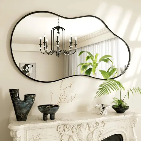 BOXED IRREGULAR METAL FRAMED WALL MIRROR, ASYMMETRICAL MIRROR FOR BATHROOM