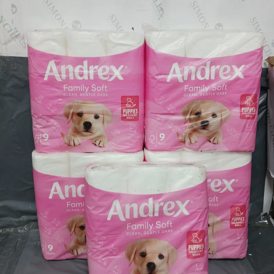 5 ANDREX FAMILY SOFT TOILET ROLL PACKS (9 ROLLS PER PACK)