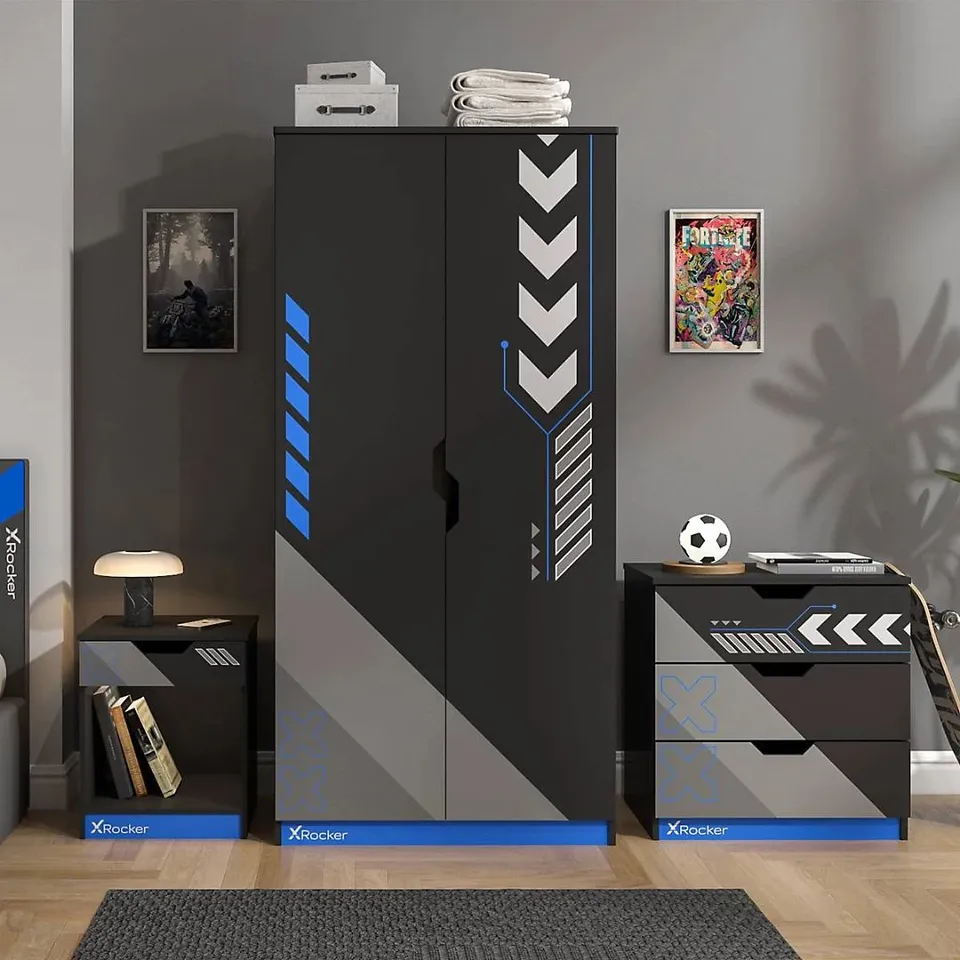 BOXED X ROCKER OCTANE 3 PIECE BEDROOM FURNITURE SET -  BLACK/BLUE (4 BOXES)