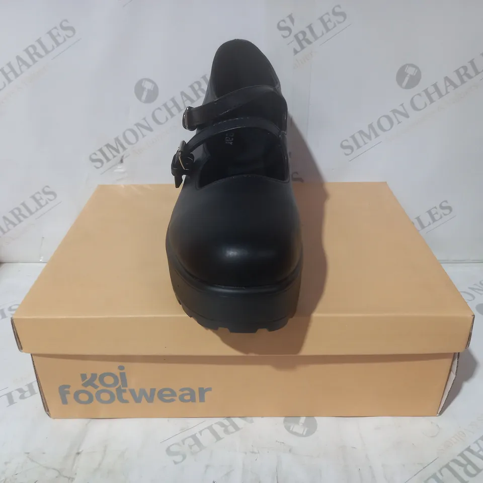 BRAND NEW BOXED PAIR OF KOI VEGAN LEATHER MURA DOUBLE STRAP SHOES IN BLACK UK SIZE 8