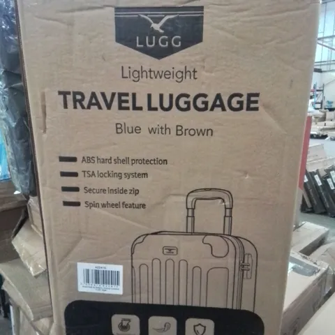 BOXED LIGHTWEIGHT TRAVEL LUGGAGE SUITCASE IN BLUE AND BROWN