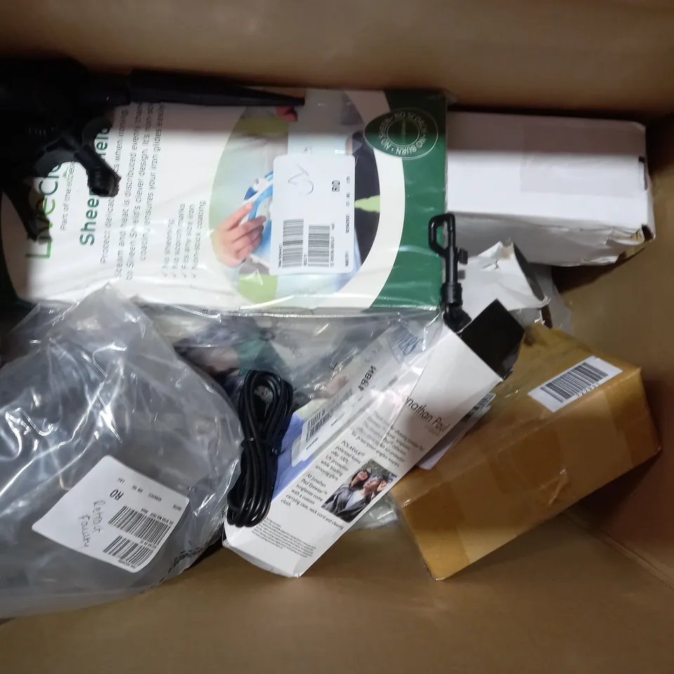 BOX OF APPROXIMATELY 10 ASSORTED HOUSEHOLD ITEMS TO INCLUDE DESIGNER FLORAL PRINT TROUSERS IN BLACK/PINK SIZE 12, DESIGNER TALL PLUSH FLEECE IN RUBY COLOUR SIZE 2XL, ETC