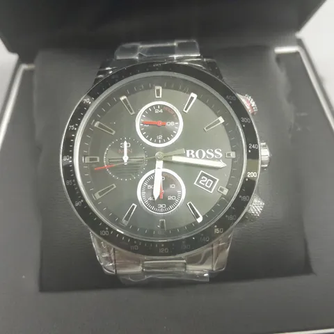 HUGO BOSS STAINLESS STEEL BLACK DIAL WATCH IN BOX