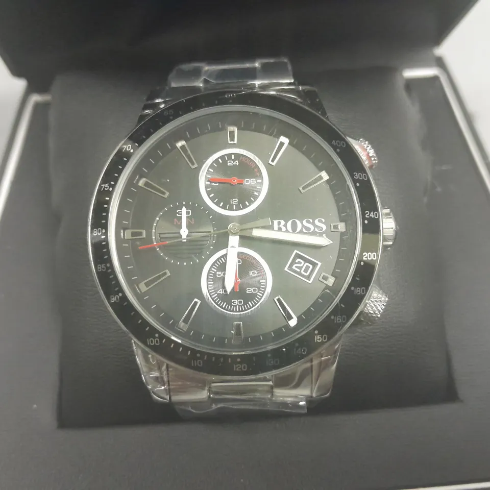 HUGO BOSS STAINLESS STEEL BLACK DIAL WATCH IN BOX