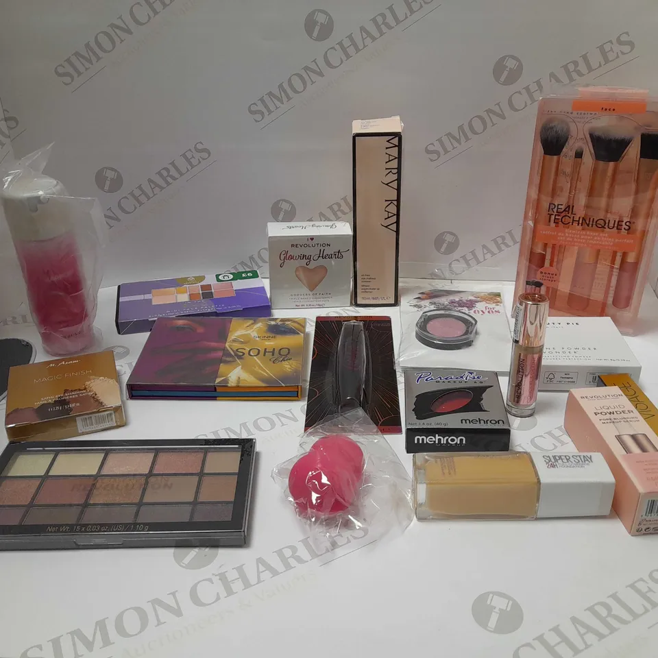 BOX OF APPROX 25 ASSORTED COSMETIC ITEMS TO INCLUDE REVOLUTION, MAKE-UP SPONGES AND MASCARA