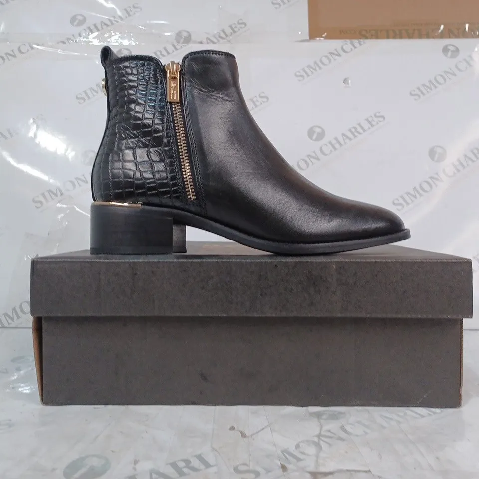 BOXED PAIR OF BIBA CROC ZIP LOW HEEL SHOES IN BLACK UK SIZE 5