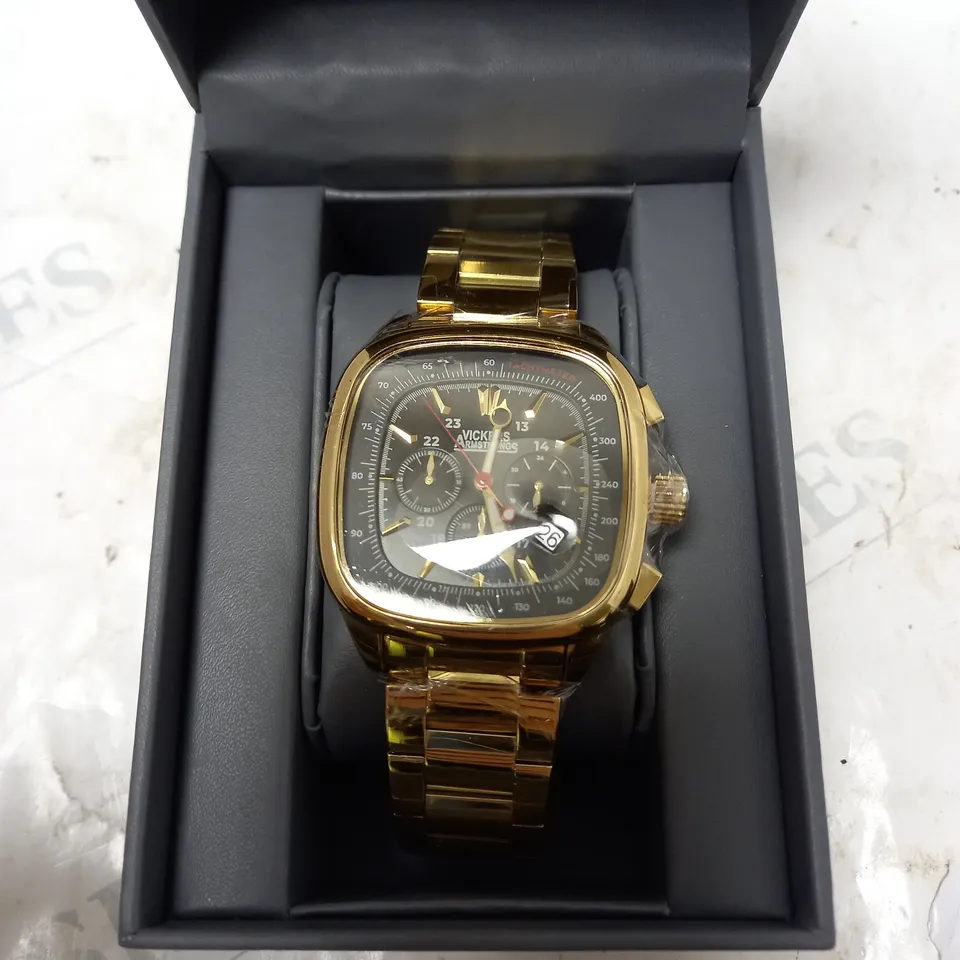 BOXED VICKERS ARMSTRONG CLASSIQUE GOLD WATCH WITH BLACK DIAL