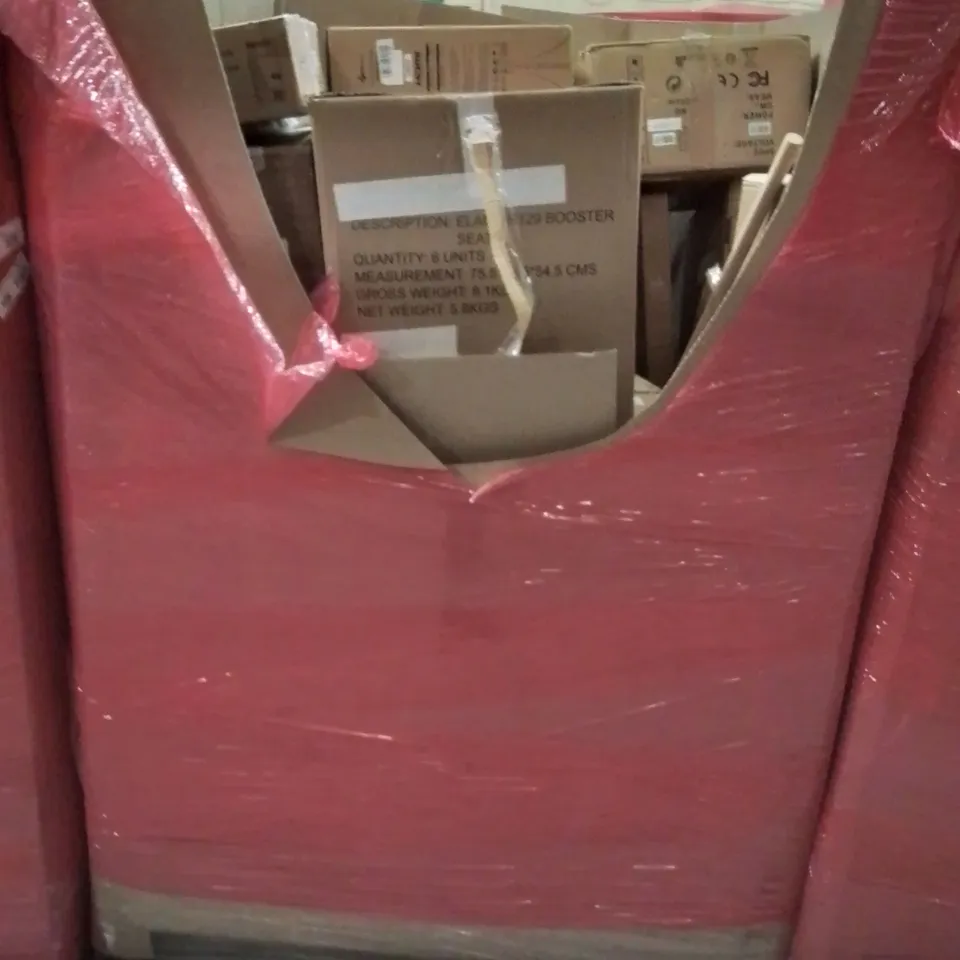 PALLET CONTAINING VARIOUS ASSORTED BOXED HOUSEHOLD ITEMS TO INCLUDE: PC MONITORS, CHILD'S BOOSTER SEAT, LAMP, AND LOTS MORE UNMARKED BOXED ITEMS 