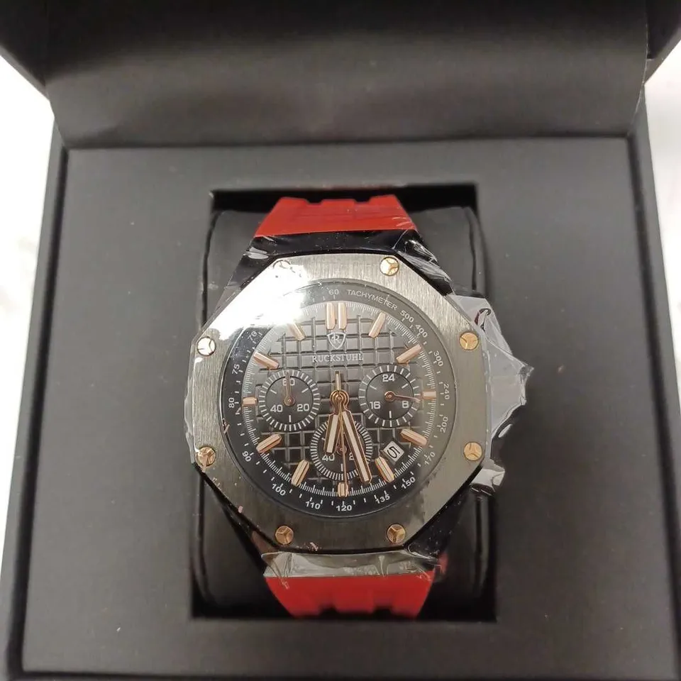 RUCKSTUHL OCTAGONAL BLACK TRIPLE DIAL STUD RED RUBBER STRAP WATCH