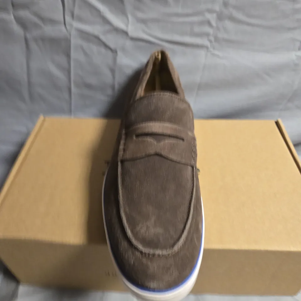 BOXED PAIR OF DUNE LONDON BROWN SUDED PENNY SHOES - UK SIZE 9