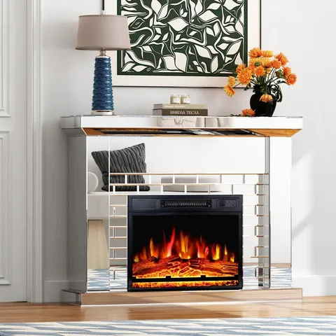 BOXED AMLA 112CM W ELECTRIC FIREPLACE WITH SILVER MIRRORED MANTEL