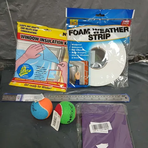 TOTE OF APPROXIMATELY 15 HOUSEHOLD ITEMS TO INCLUDE - FOAM WEATHER STRIP - PET TENNIS BALLS - TABLET CASE