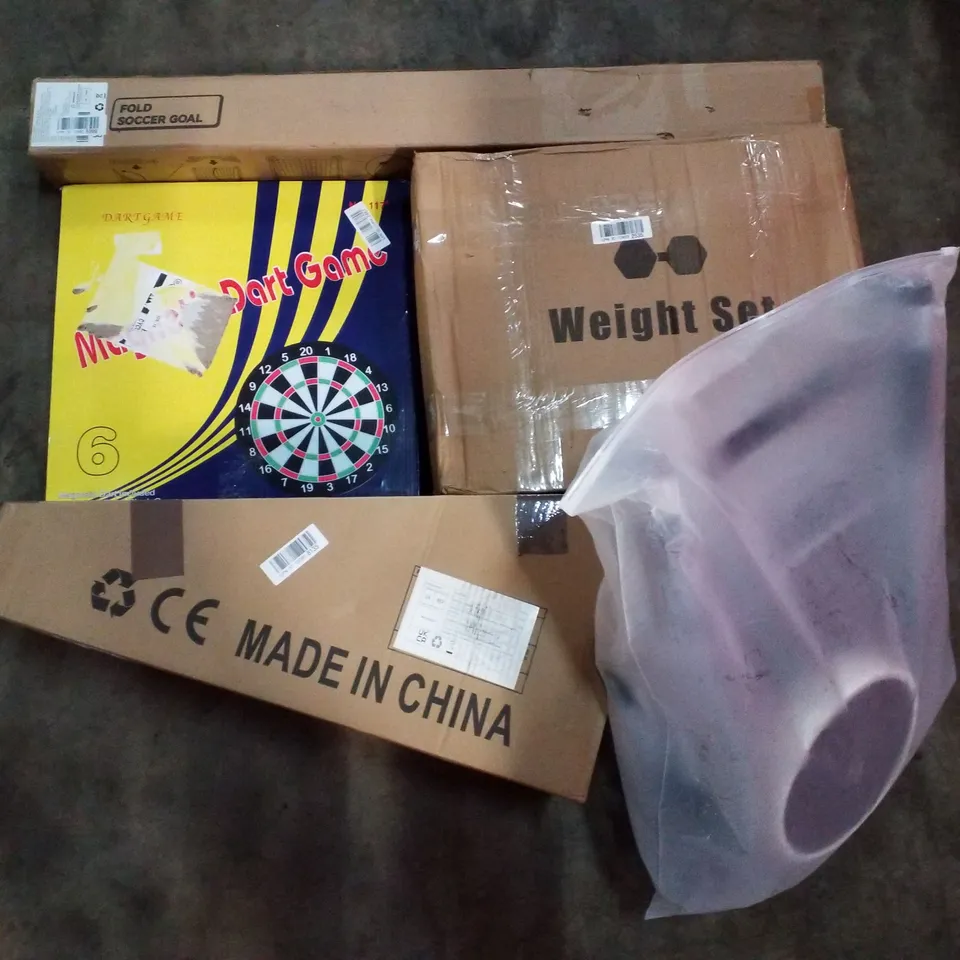 PALLET CONTAINING ASSORTED PRODUCTS INCLUDING WEIGHT SET, KIDS SCOOTER, MAGNETIC DART GAME, FOLD FOOTBALL GOAL, CLOTHES DRYER