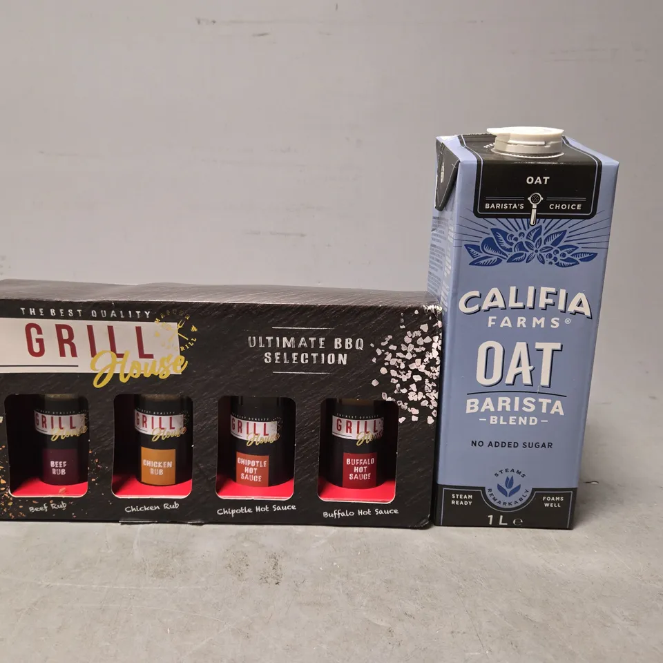 TOTE OF APPROXIMATELY 7 ASSORTED FOOD ITEMS TO INCLUDE - CALIFIA OAT BARISTA , GRILL HOUSE 