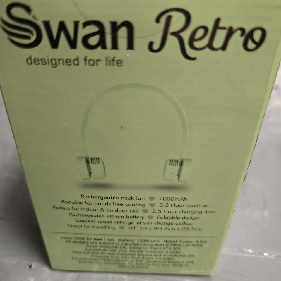 SWAN RETRO RECHARGEABLE NECK FAN – CORDLESS, 1000MAH, 3.3H RUNTIME (BOXED)