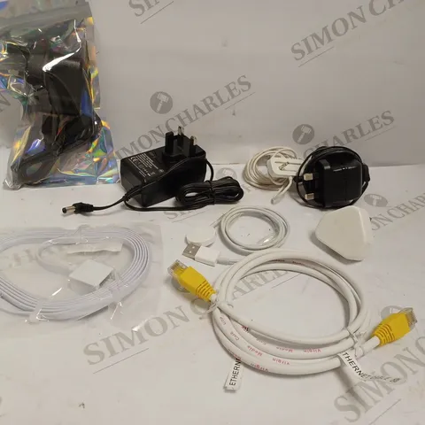 BOX OF APPROXIMATELY 25 ASSORTED NETWORK AND ELECTRICAL CABLES TO INCLUDE VARIOUS POWER SUPPLIES, CHARGING CABLES, ETHERNET CABLES ETC