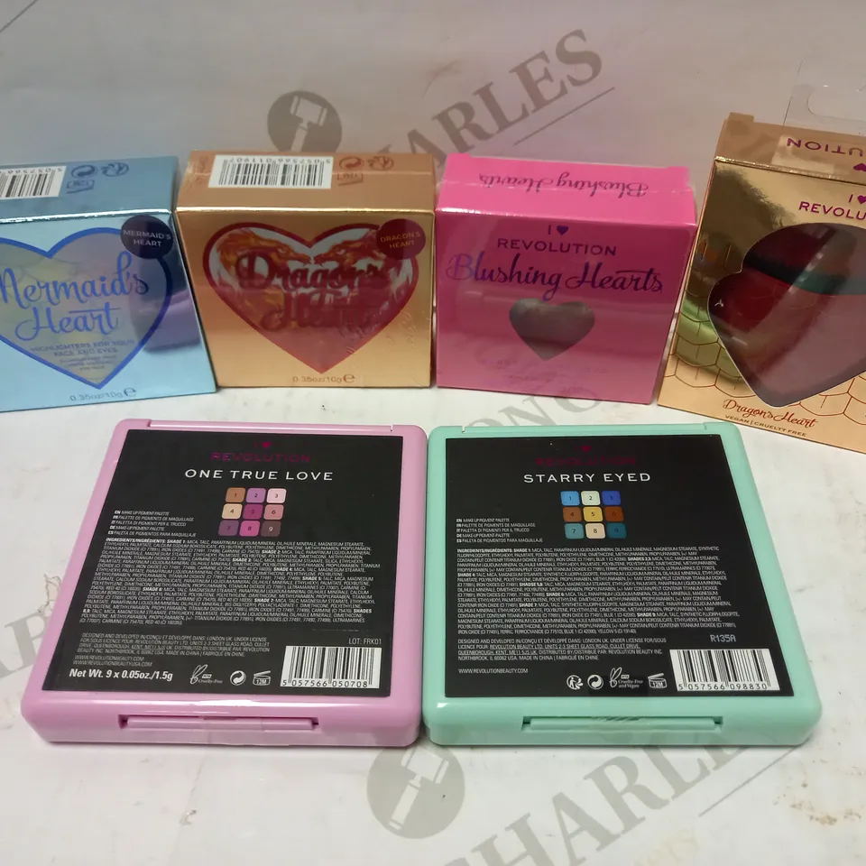 LOT OF 6 ASSORTED REVOLUTION PRODUCTS TO INCLUDE MERMAID'S HEART HIGHLIGHTER, TRIPLE BAKED BLUSH, STARRY EYED PIGMENT PALETTE, ETC 