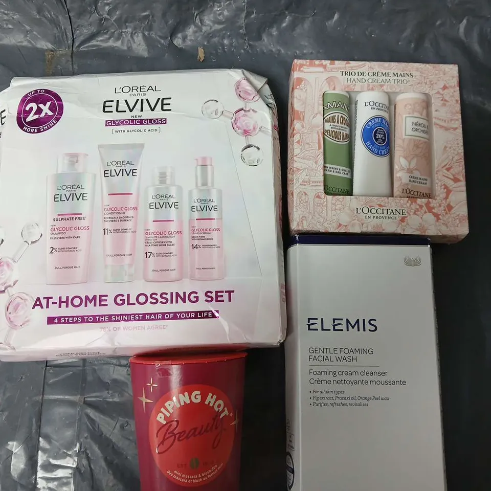 LOT OF 4 ASSORTED HEALTH AND BEAUTY ITEMS TO INCLUDE ELEMIS FACIAL WASH, ELVIVE GLOSSING SET AND HAND CREAM TRIO