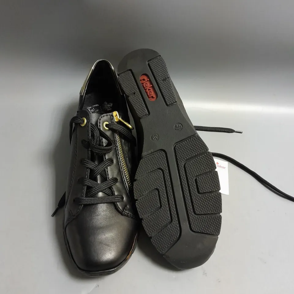 BOXED RIEKER ANTISTRESS BLACK TRAINERS WITH GOLD TRIM SIZE EUR 39