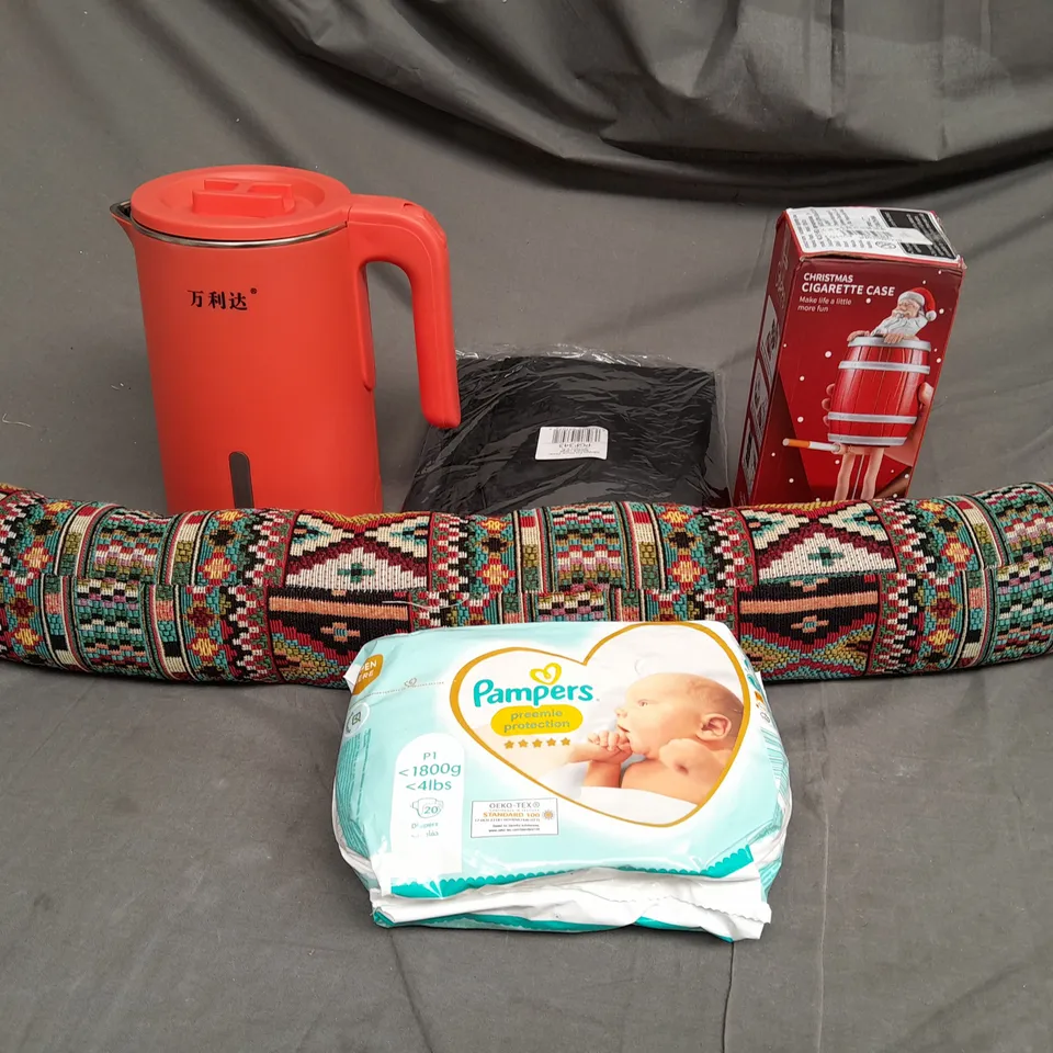 LARGE BOX OF ASSORTED HOUSEHOLD ITEMS TO INCLUDE KETTLE, PAMPERS AND DRAFT EXCLIDER