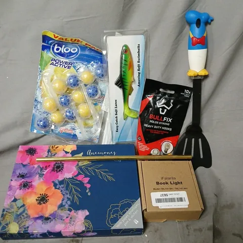 APPROXIMATELY 12 ASSORTED HOUSEHOLD ITEMS TO INCLUDE BOOK LIGHT, BULLFIX HEAVY DUTY HOOKS, BLOO POWER ACTIVE, ETC