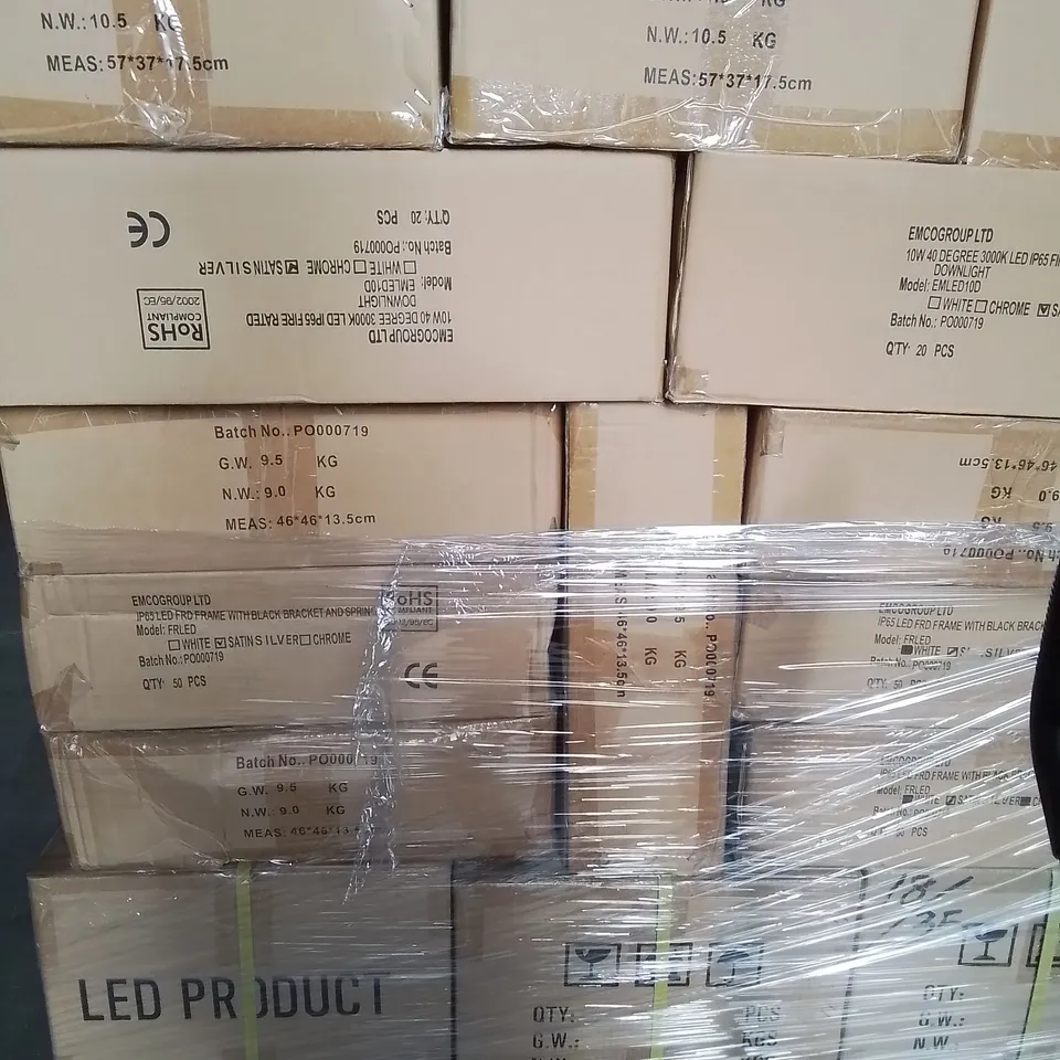 PALLET OF APPROXIMATELY 37 MULTI PACK ECOMLITE BOXES TO INCLUDE - 40 DEGREE 3000K LED IP65 FIRE RATED DOWNLIGHT , LED DOWNLIGHT DIMMABLE 60° - COLLECTION ONLY 