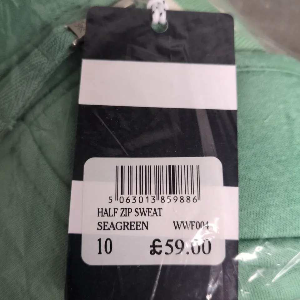 BAGGED CREW CLOTHING COMPANY HALF ZIP SWEATSHIRT – SEAGREEN, UK 10 