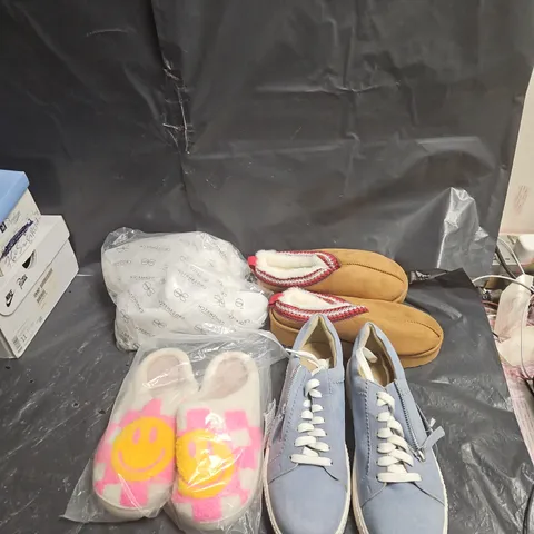 APPROXIMATELY 25 ITEMS OF ASSORTED FOOTWEAR – BLUE SNEAKERS, BROWN MOCCASINS & FLUFFY SLIPPERS (SIZES NOT VISIBLE)