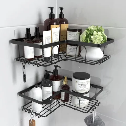 WRAPPED CORNER SHOWER CADDY, SELF ADHESIVE WALL MOUNTED SHOWER SHELF - BLACK