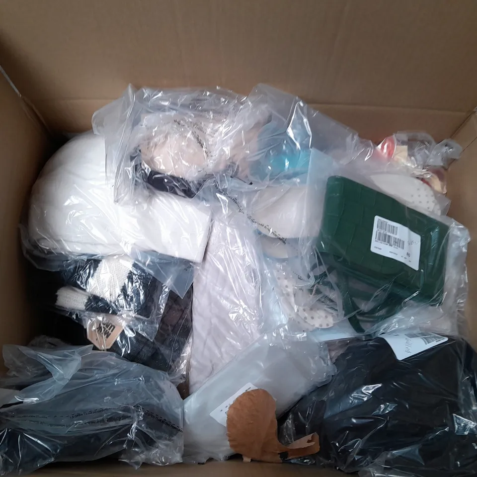 LARGE BOX OF ASSORTED CLOTHING ITEMS IN VARIOUS SIZES AND COLORS