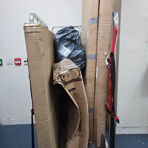 CAGE OF APPROXIMATELY 5 ASSORTED HOUSEHOLD ITEMS TO INCLUDE RUSSELL HOBBS MICROWAVE, LARGE STANDING WOOD MIRROR, ETC - COLLECTION ONLY