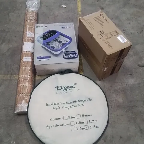PALLET CONTAINING VARIOUS ASSORTED ITEMS TO INCLUDE:BAMBOO FENCING, MOSQUITO NET, FOOT MASSAGER, SLOW JUICER AND OTHER ASSORTED ITEMS...