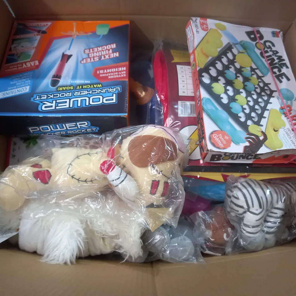 BOX OF APPROX 20 ASSORTED TOYS TO INCLUDE - POWER LAUNCHER ROCKET - DOBBLE - YOU HAD ONE JOB ECT