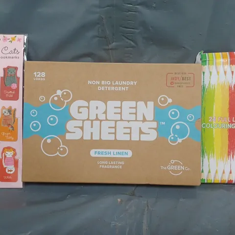 APPROXIMATELY 10 ASSORTED HOUSEHOLD ITEMS TO INCLUDE COLOURED PENCILS, LAUNDRY DETERGENT, COOL CATS MAGNETIC BOOKMARKS, ETC