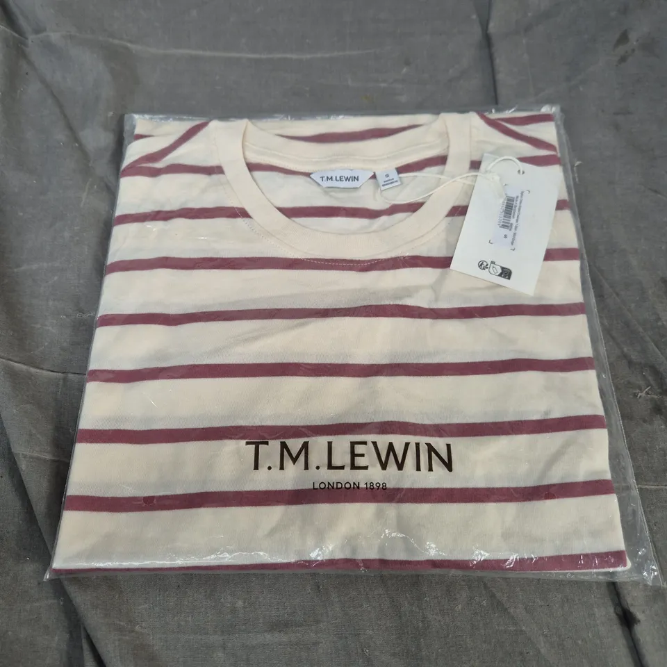 T.M. LEWIN STRIPED ORGANIC COTTON CREW NECK T-SHIRT – WILD GINGER, UK SMALL