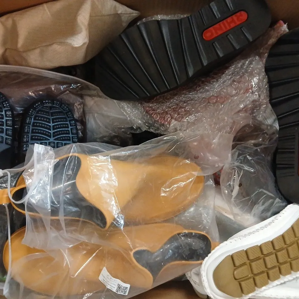 BOX OF APPROXIMATELY 15 ASSORTED PAIRS OF SHOES AND FOOTWEAR ITEMS IN VARIOUS COLOURS, STYLES, AND SIZES - COLLECTION ONLY