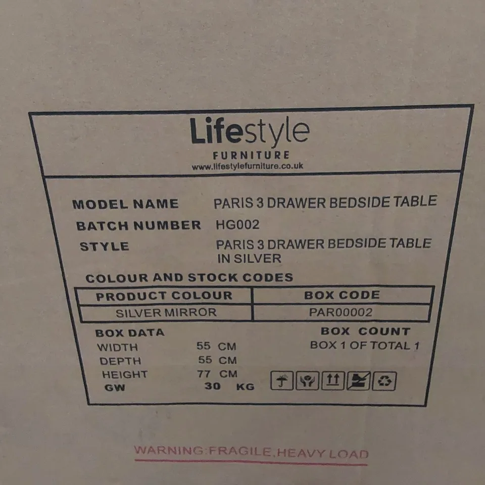 BOXED PARIS 3 DRAWER BEDSIDE TABLE (1 BOX)