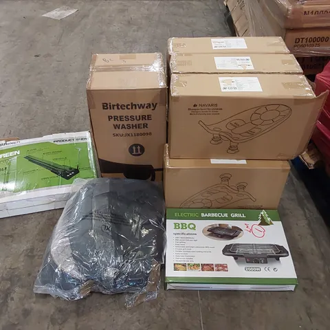 PALLET OF ASSORTED CONSUMER PRODUCTS TO INCLUDE; PRESSURE WASHER, ELECTRIC BBQ GRILL, GOLF TRAINING PUTTER, NAVARIS CHILDREN'S SHAMPOO BOWLS, PET BED ECT