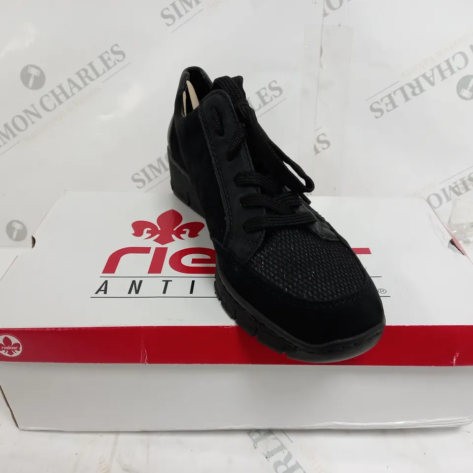 BOXED PAIR RIEKER WEDGE TRAINER IN BLACK, UK SIZE 7.5