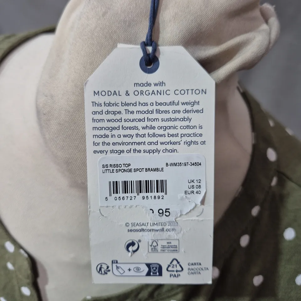 SEASALT CORNWALL RISSO TOP – OLIVE GREEN WITH WHITE POLKA DOTS (MODAL & ORGANIC COTTON, UK 12)