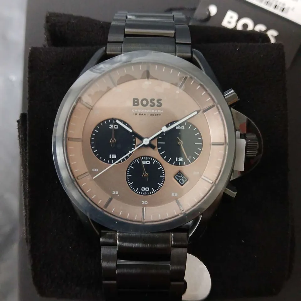 BOXED HUGO BOSS GENTS CHRONOGRAPH ALL STAINLESS STEEL WATCH 