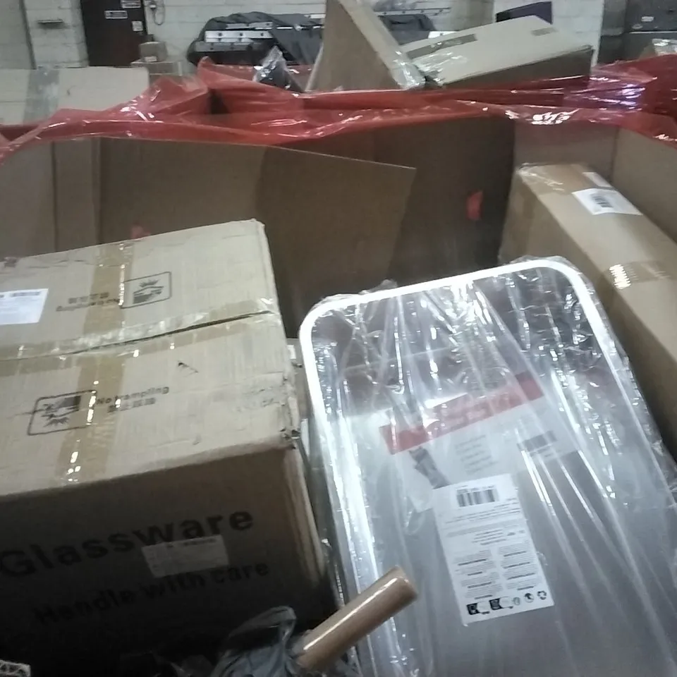 PALLET OF HOUSEHOLD ITEMS TO INCLUDE GLASSWARE,STAINLESS STEEL CAT LITTER BOX, WALL CLOCK,PET POTTY TOILET AND OTHER ASSORTED ITEMS....