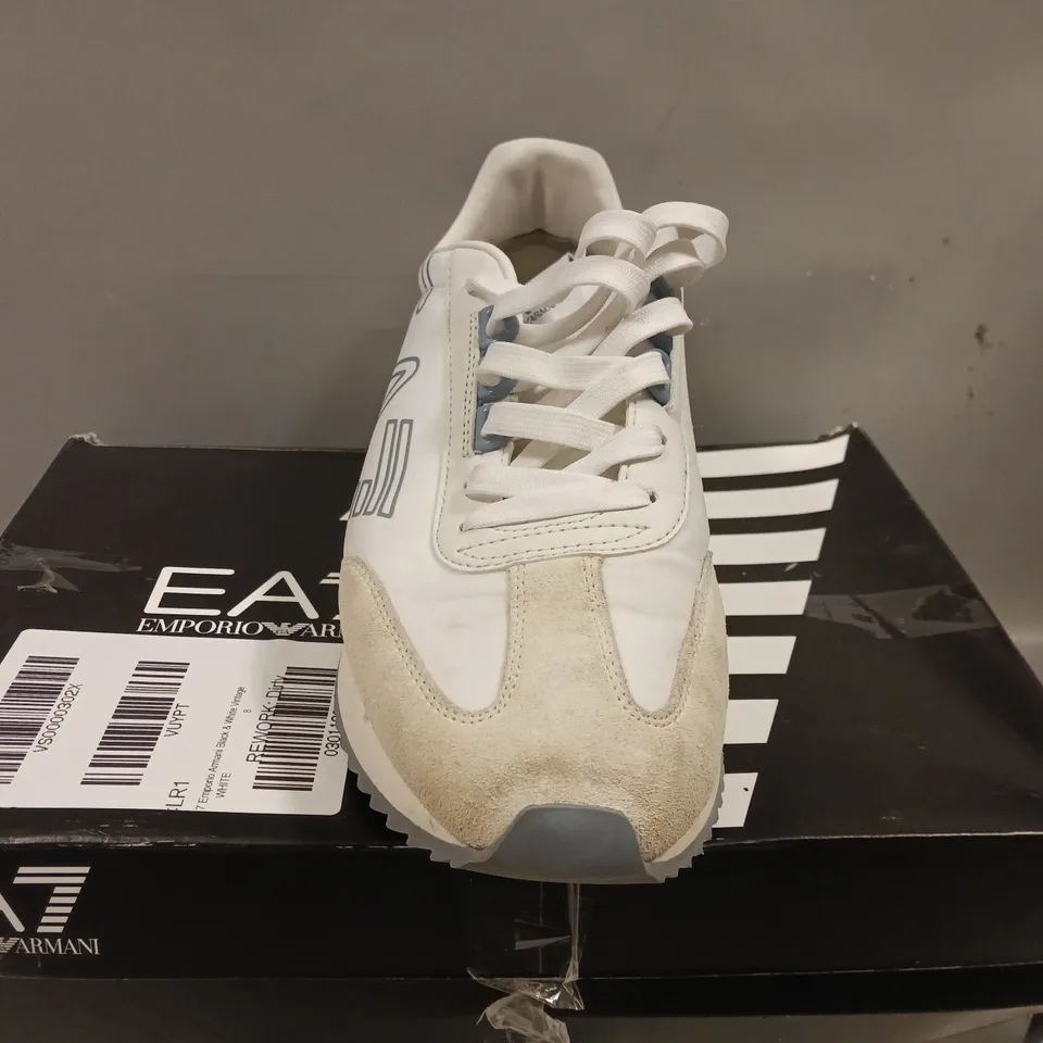 BOXED EA7 BLACK & WHITE VINTAGE TRAINERS - SIZE 8