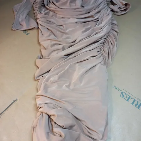 FEMME LUXE CAMEL RUCHED BODYCON MINI DRESS - SIZE 16